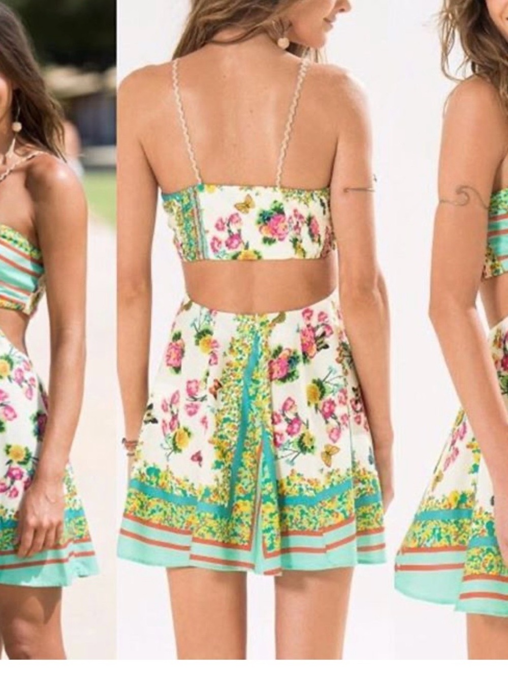 FARM Rio White Floral Backless Mini Dress with Mint Border